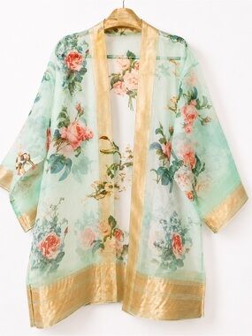 Sheer Floral Kimono Jacket in Mint with Peach and pink Florals, gold Trim